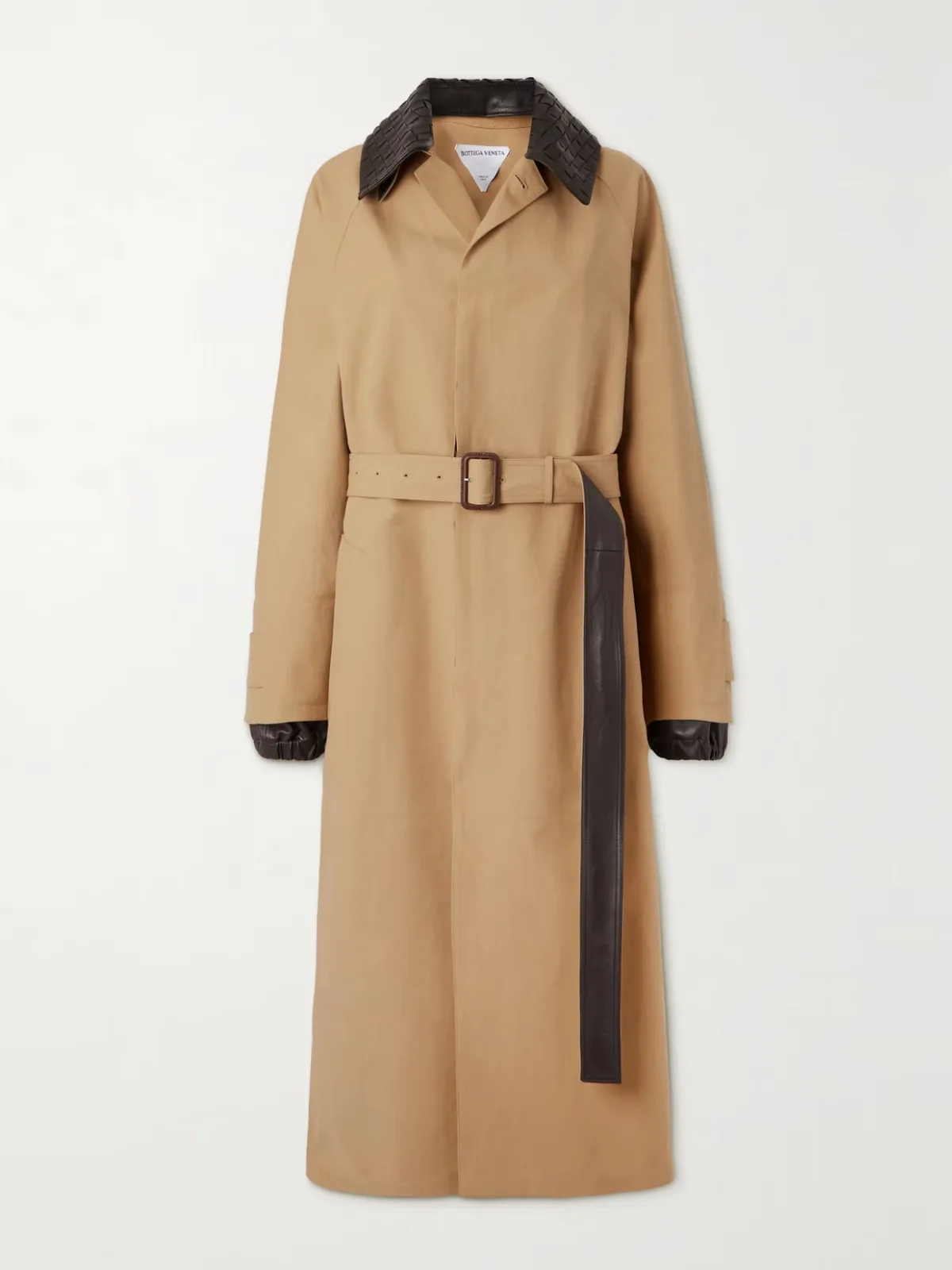 - Belted Leather-trimmed Cotton-garbardine Trench Coat -