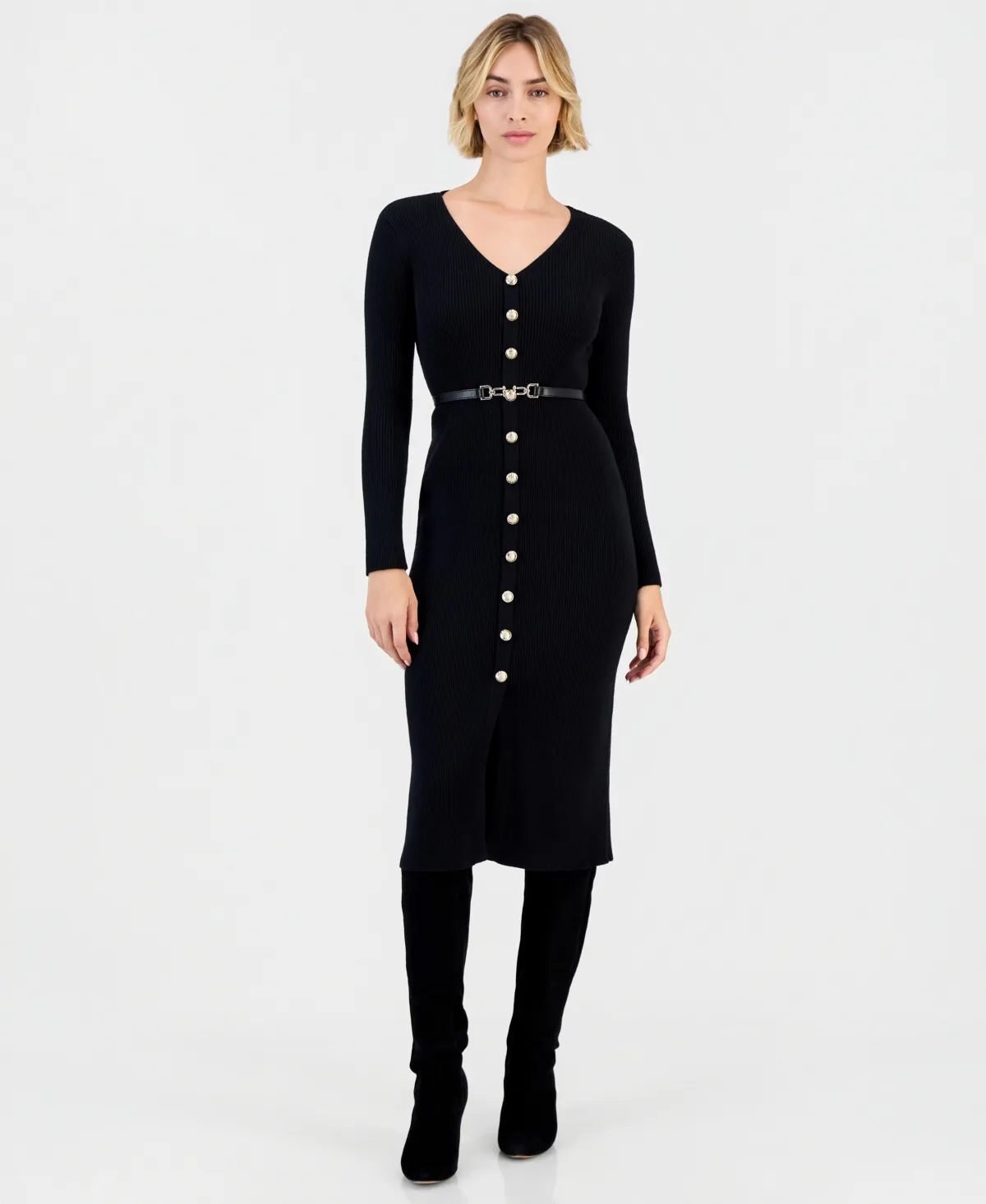 Belted Sweater Midi V-Neck Long-Sleeve Dress