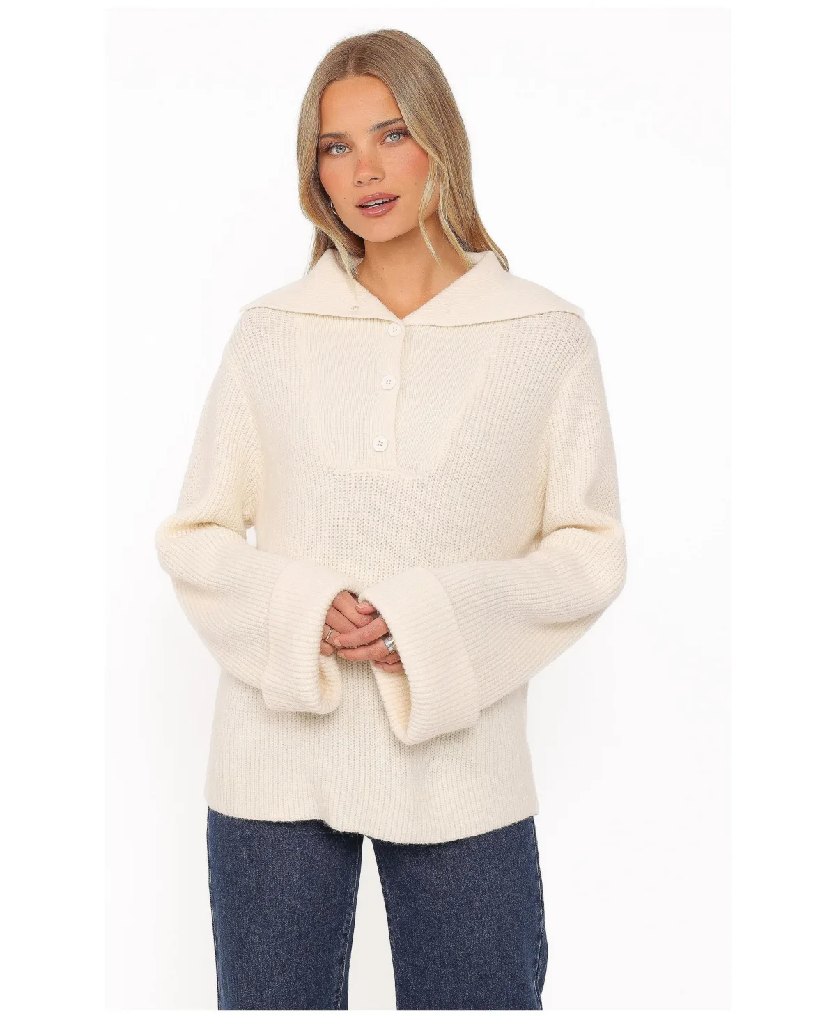 Chadley Quarter Button Collared Long-Flared-Sleeve Sweater