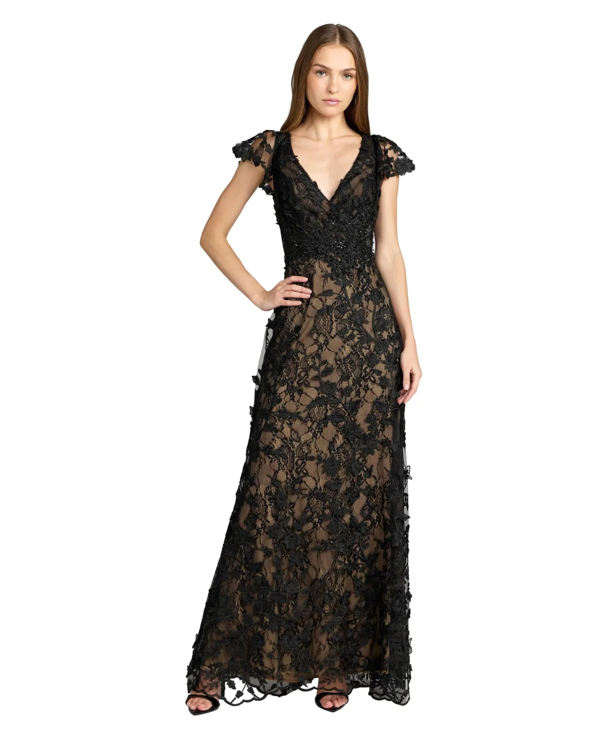 Mac Duggal Embroidered Applique Wrap Over Flutter Sleeve Gown
