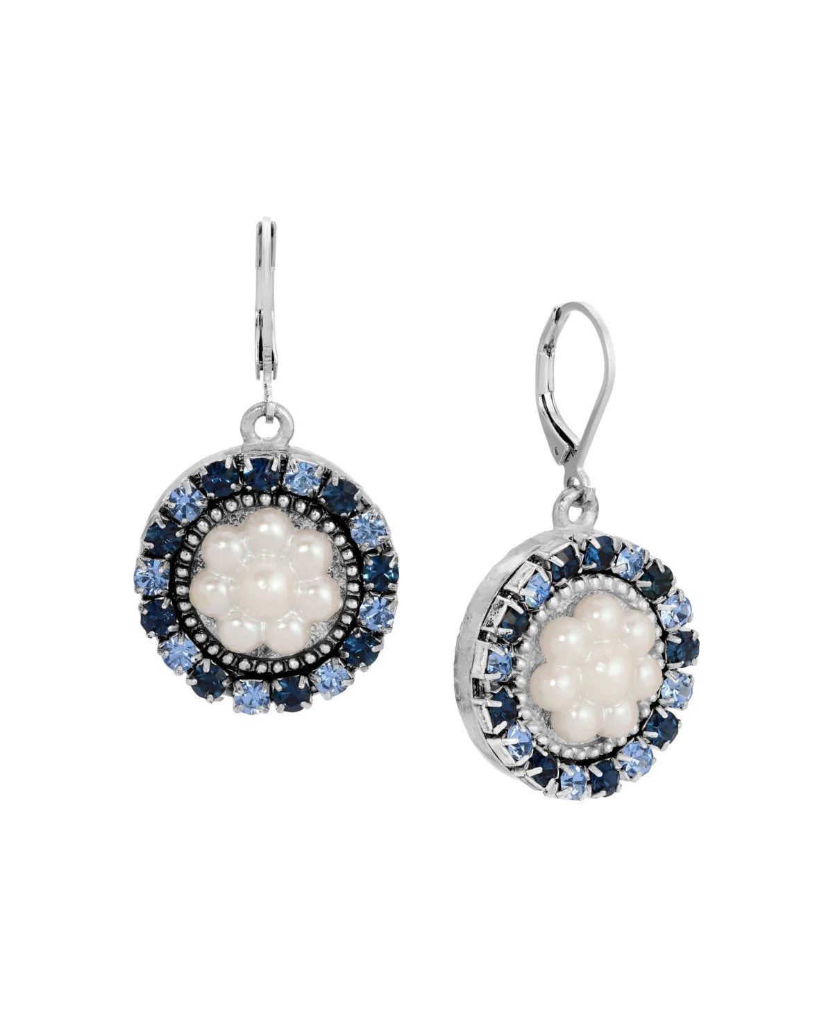 Imitation Pearl and Crystal Silver-Tone Blue Floral Drop Earrings by 2028
