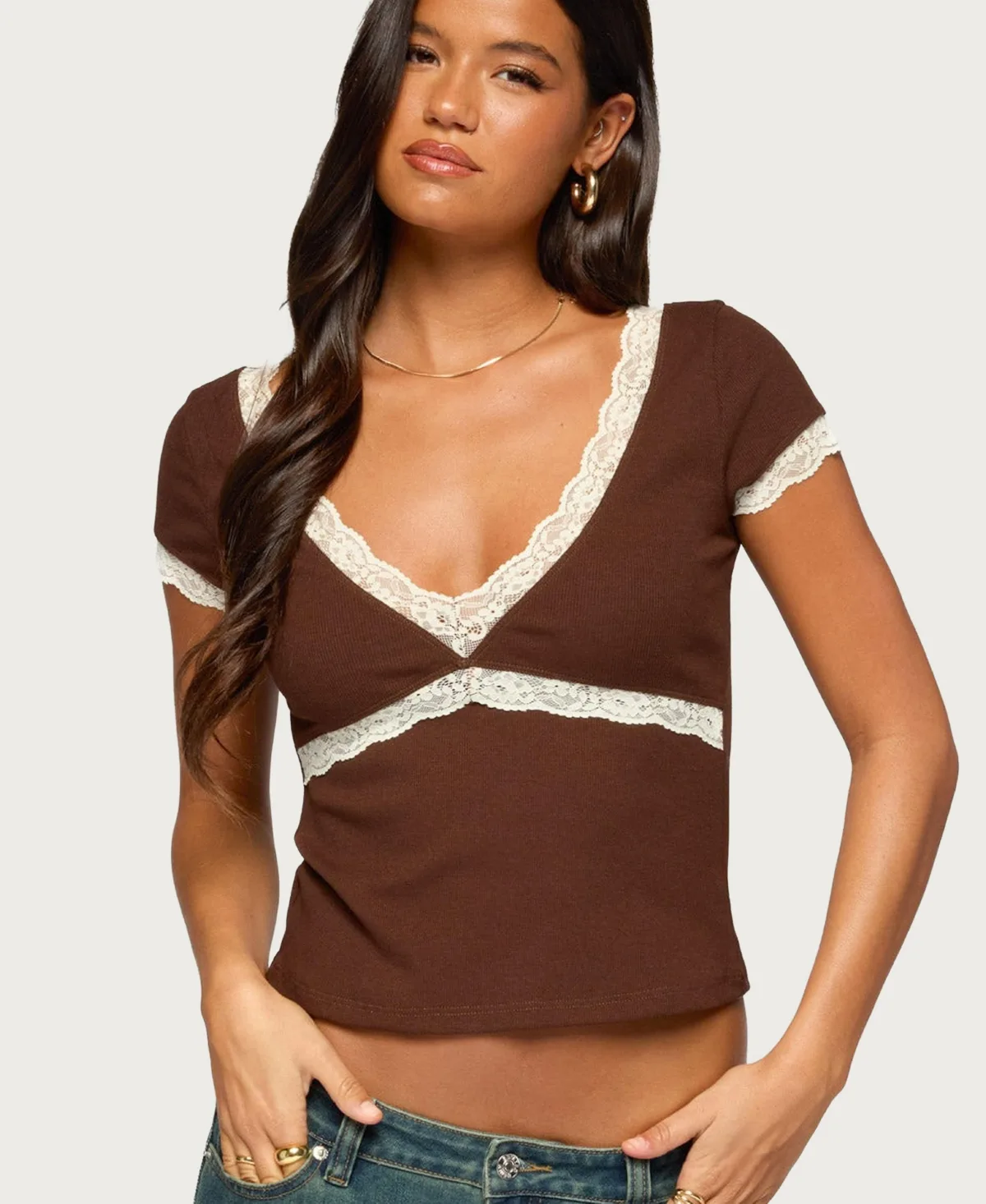 Juli Short-Sleeve Ribbed V-Neck Top