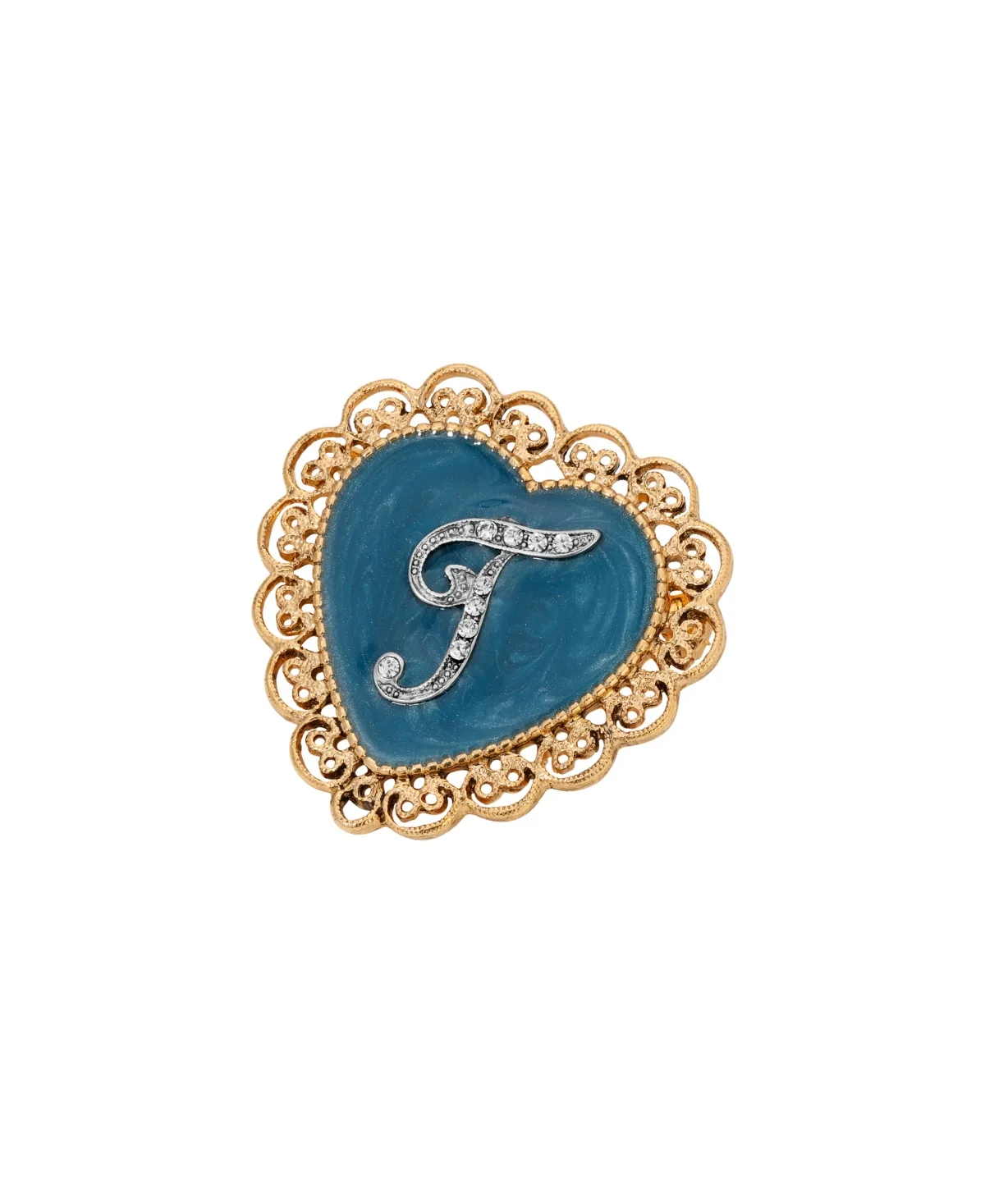 Crystal Gold-Tone Initial Filigree Heart Blue Enamel Pin - T by 2028