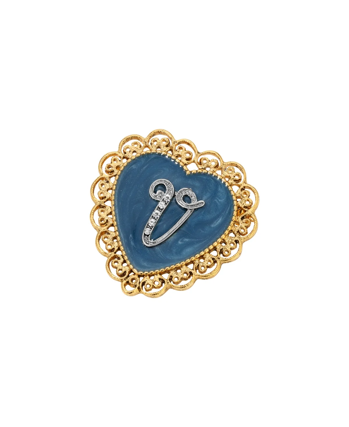 Crystal Gold-Tone Initial Filigree Heart Blue Enamel Pin - V by 2028