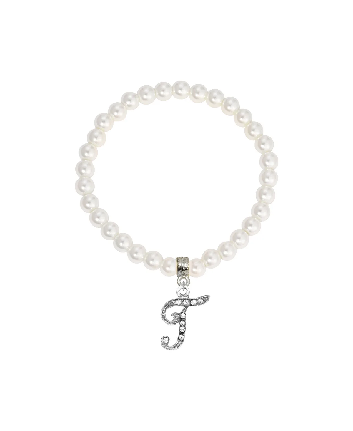 Imitation Pearl Bead Initial Charm Stretch Bracelet - T by 2028