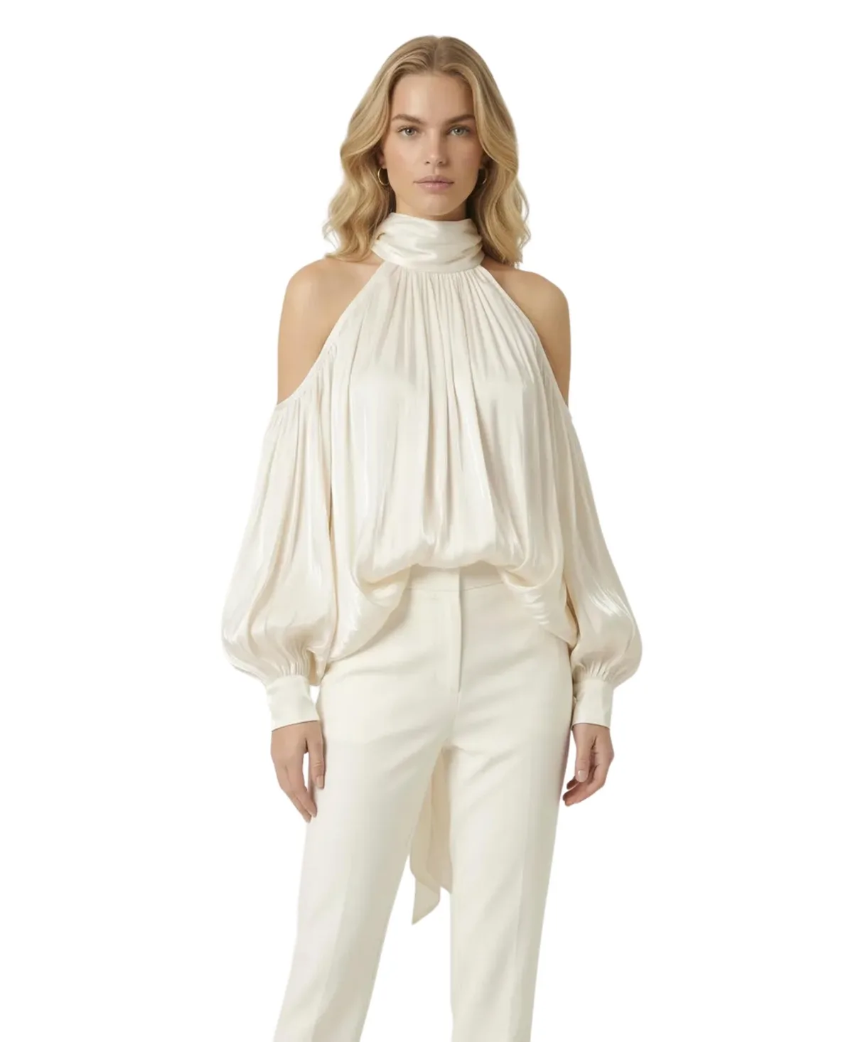 High-Neck Cold-Shoulder Draped Blouse