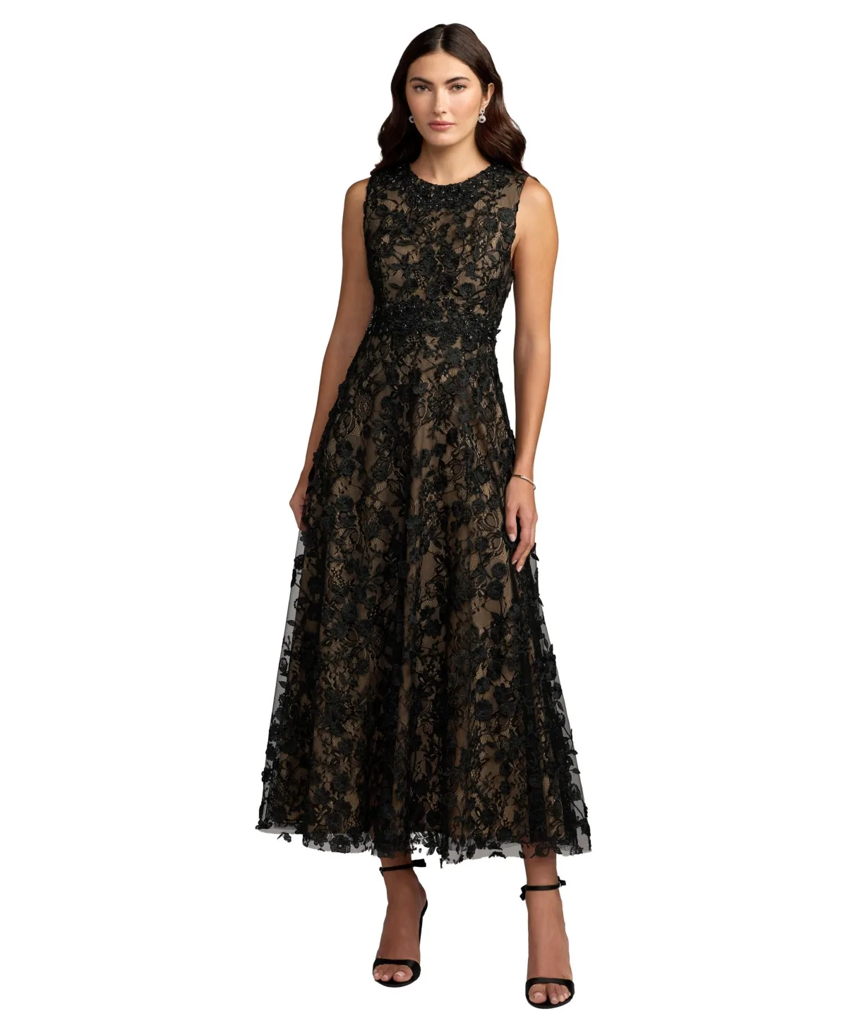 Mac Duggal Floral-Embroidered High Neck A-Line Lace Dress
