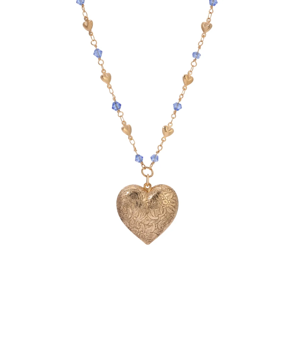 Gold-Tone Heart Locket Blue Beaded Chain Necklace by 2028