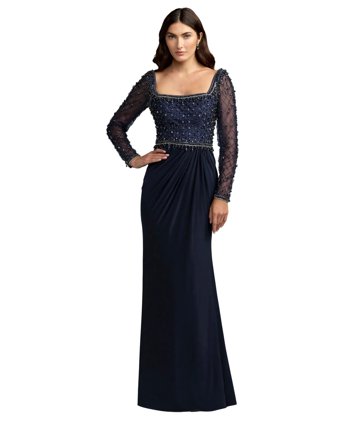 Mac Duggal Embellished Mesh Long Sleeve Gown