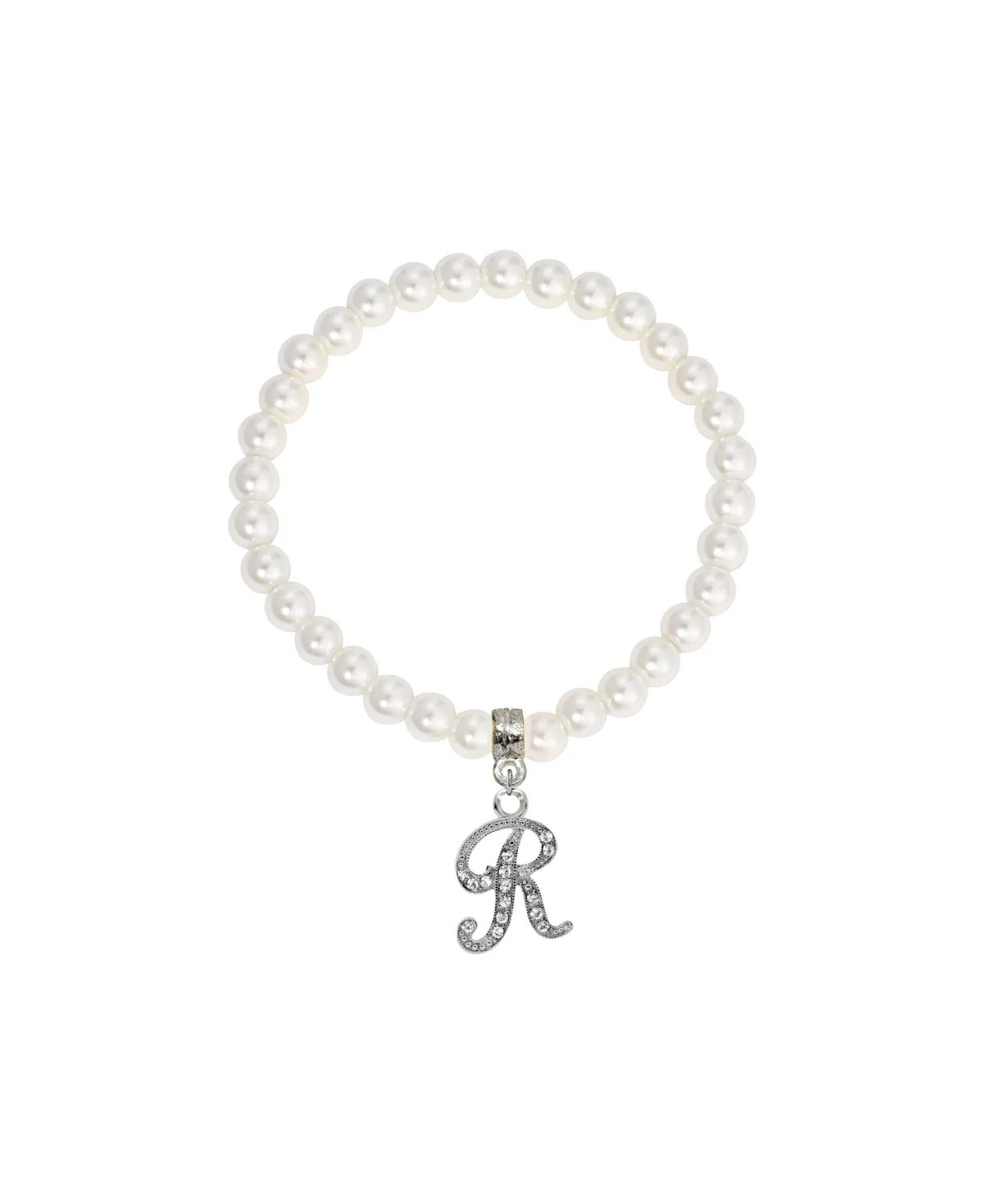 Imitation Pearl Bead Initial Charm Stretch Bracelet - R
