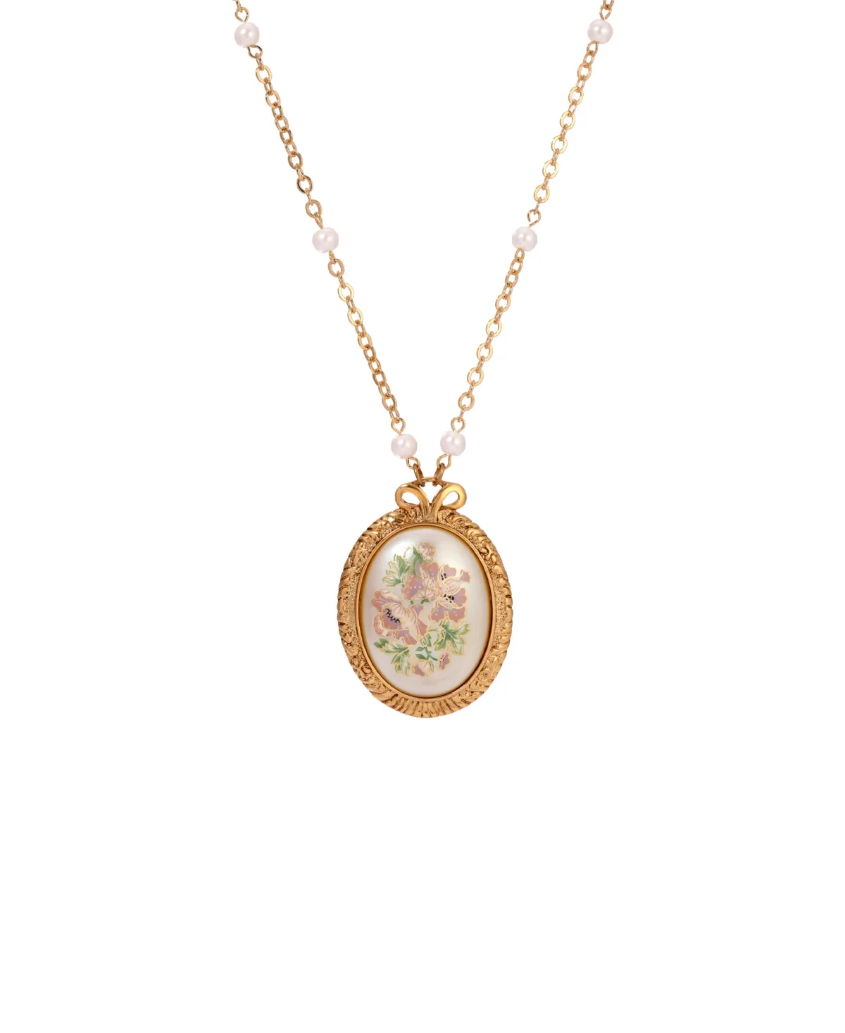 Gold-Tone Large Oval Flower Decal Imitation Pearl Chain Necklace by 2028