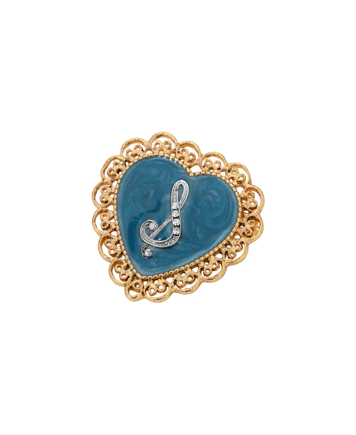Crystal Gold-Tone Initial Filigree Heart Blue Enamel Pin - S by 2028
