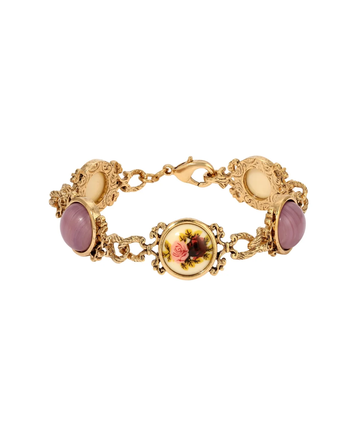 Gold-Tone Ivory Decal Flower Purple Cabochon Bracelet by 2028