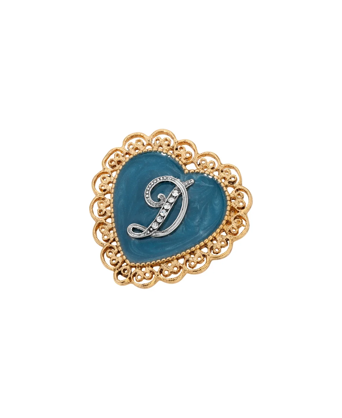 Crystal Gold-Tone Initial Filigree Heart Blue Enamel Pin - D by 2028