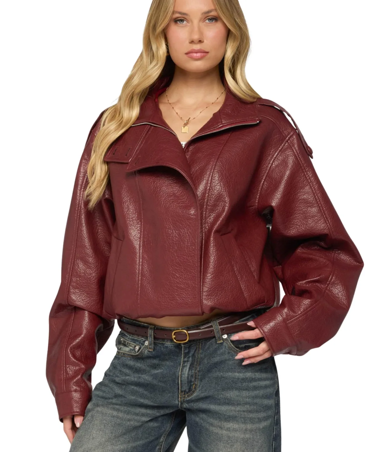 Jaicee High Neck Oversized Faux Leather Jacket