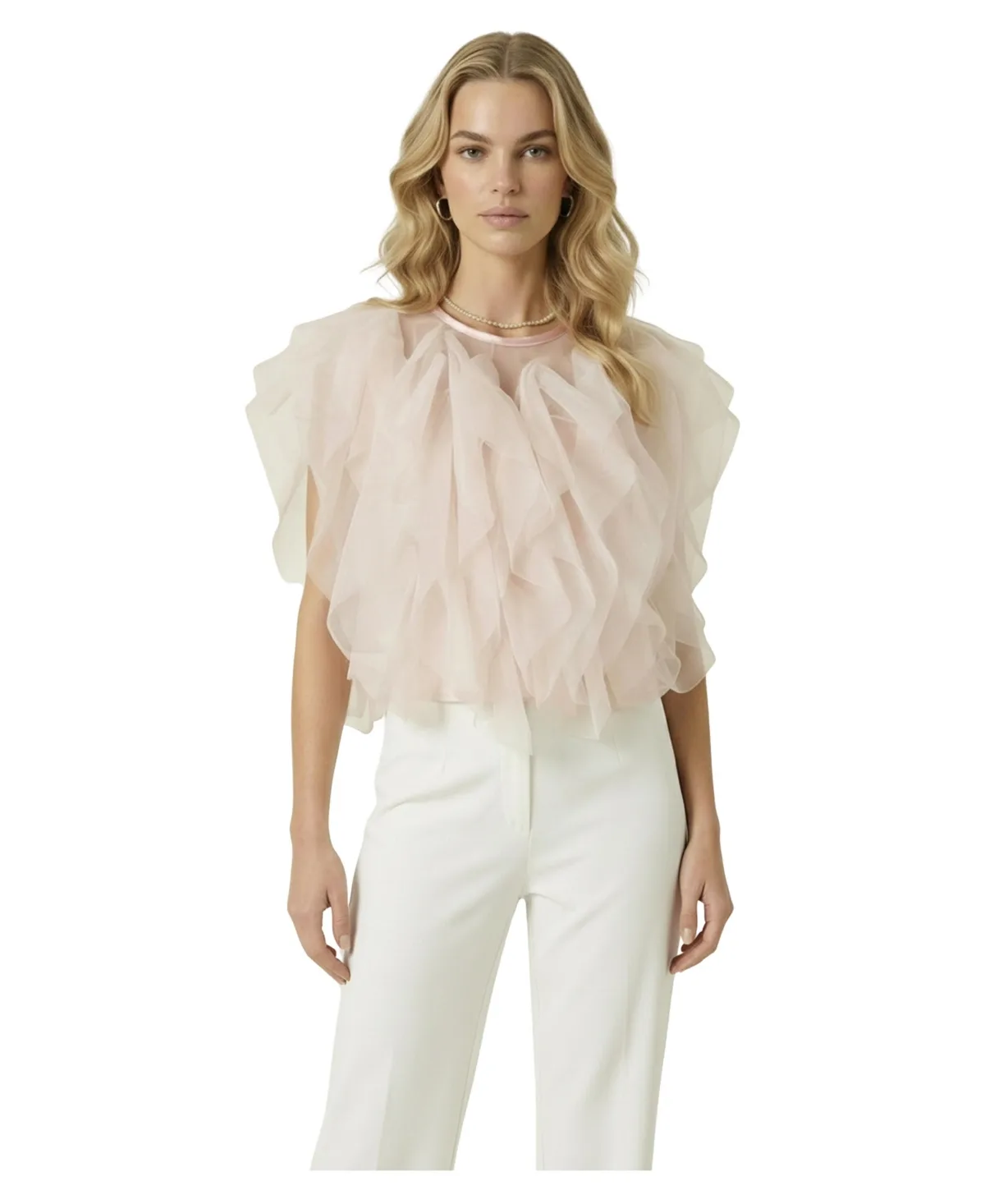 Sleeveless Sheer Ruffled Tulle Blouse