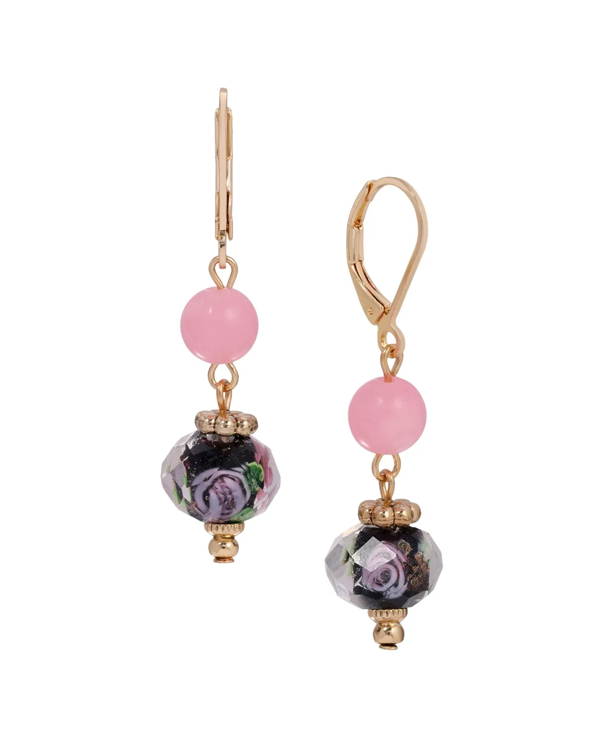 Gold-Tone Rose Quartz and Black Glass Bead Rose-Motif Drop Earrings by 2028