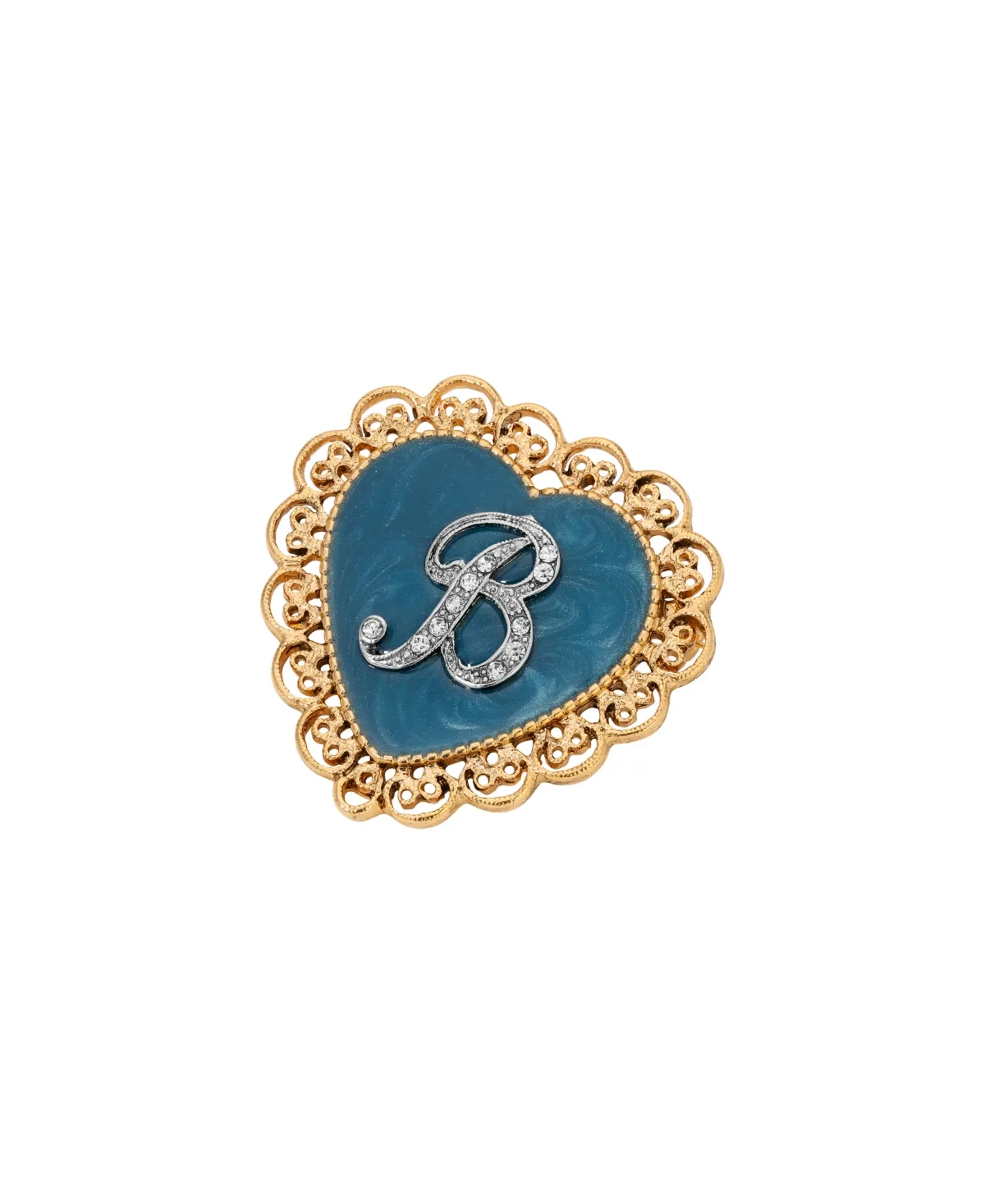 Crystal Gold-Tone Initial Filigree Heart Blue Enamel Pin - B by 2028