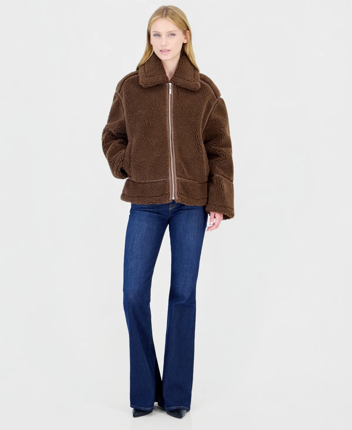 Sherpa Zip-Front Faux-Leather Trim Jacket
