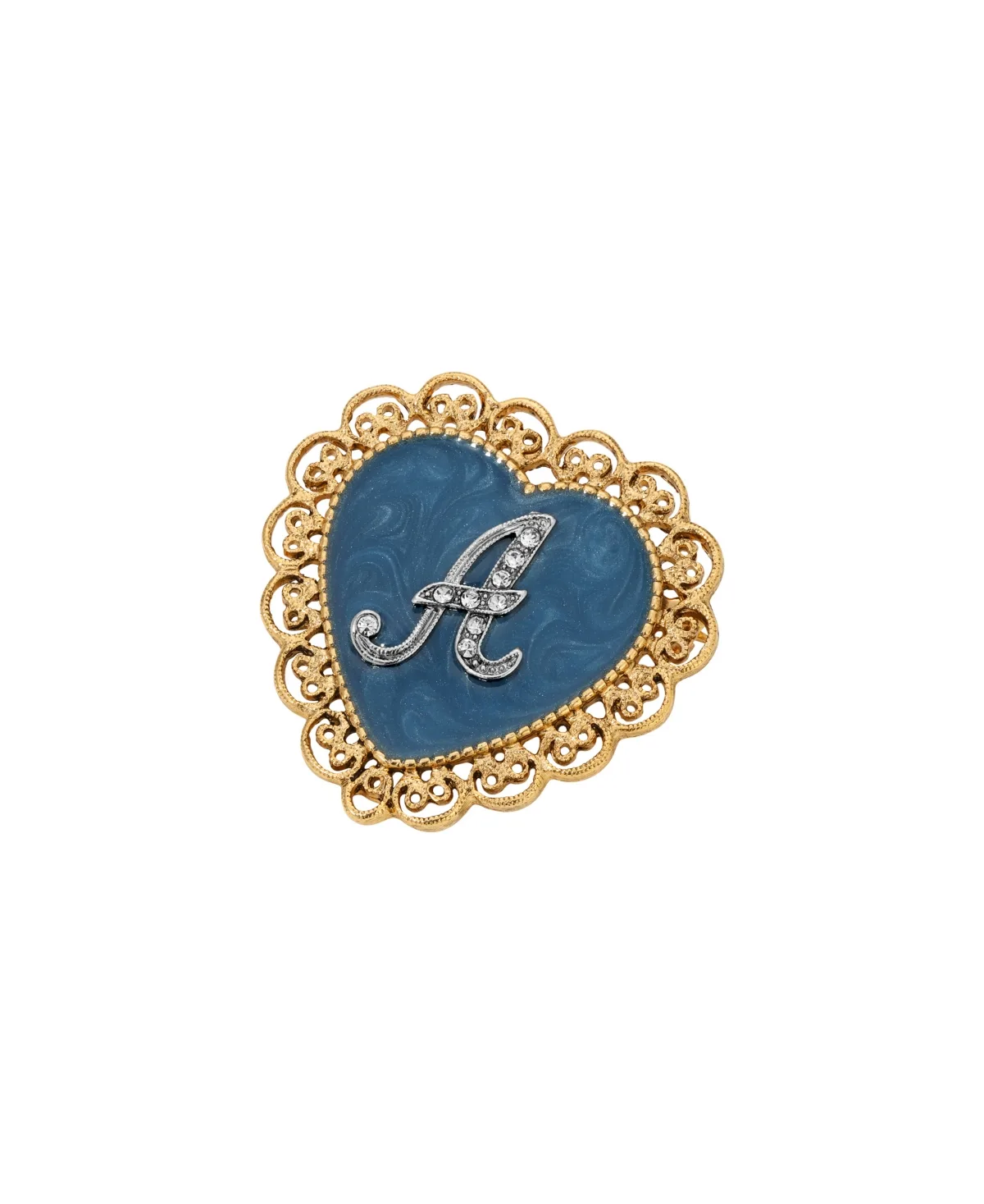 Crystal Gold-Tone Initial Filigree Heart Blue Enamel Pin - A by 2028
