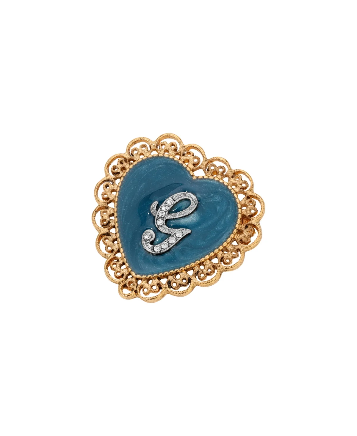 Crystal Gold-Tone Initial Filigree Heart Blue Enamel Pin - G by 2028