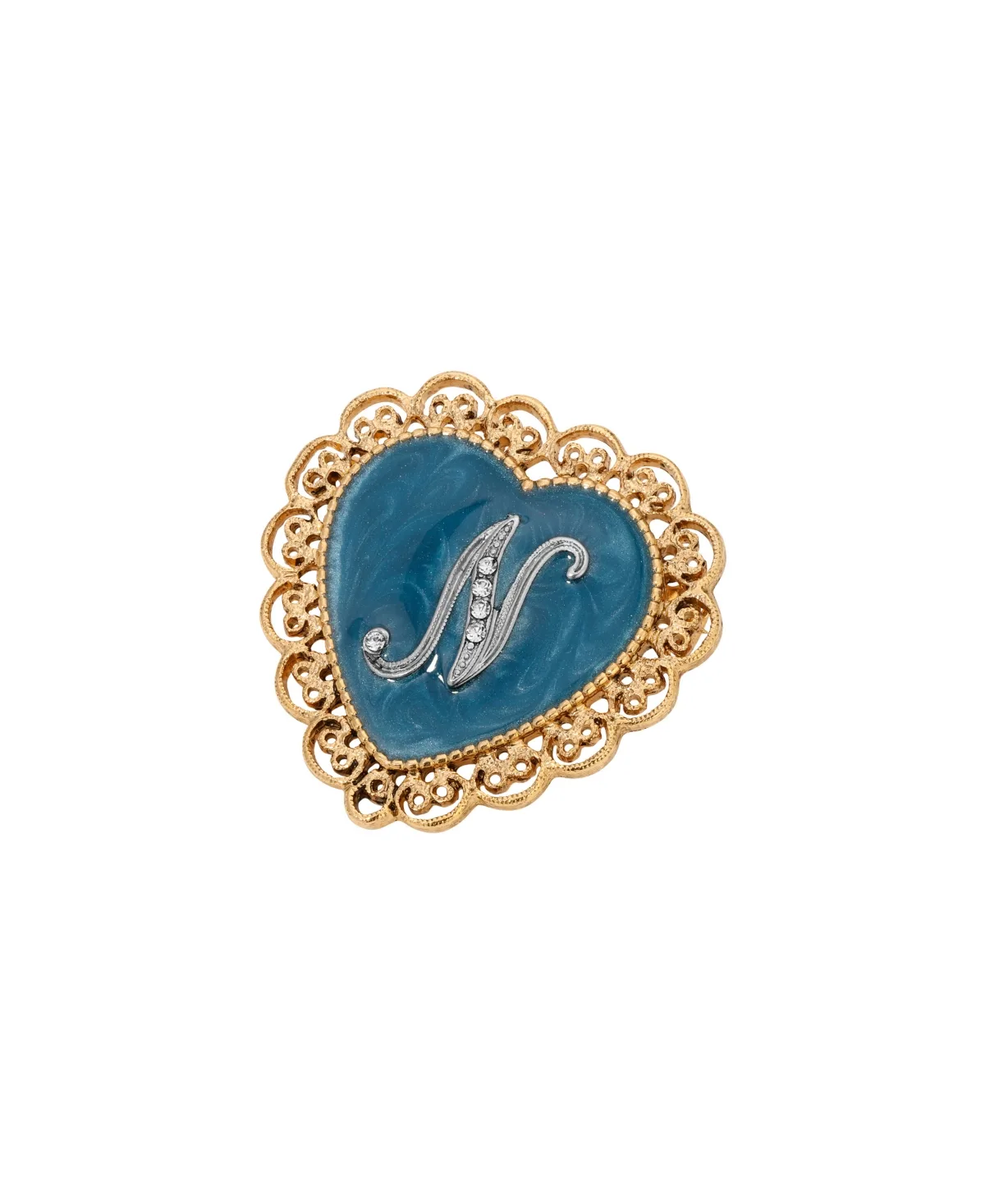 Crystal Gold-Tone Initial Filigree Heart Blue Enamel Pin - N by 2028