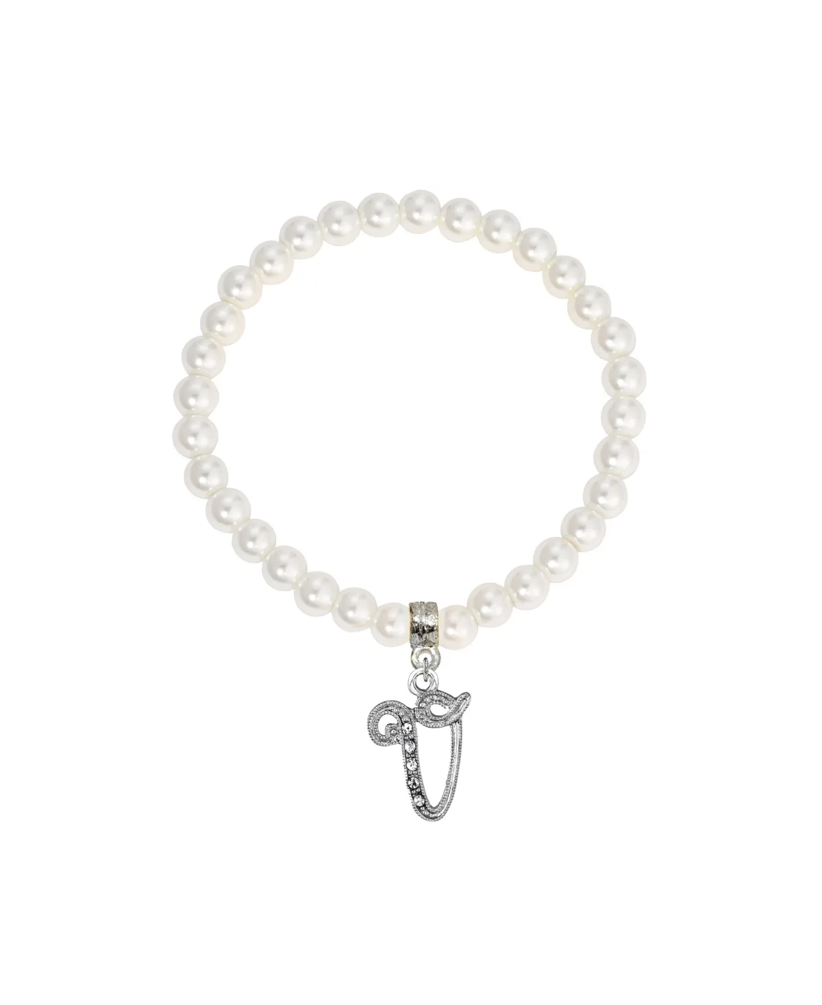 Imitation Pearl Bead Initial Charm Stretch Bracelet - V by 2028