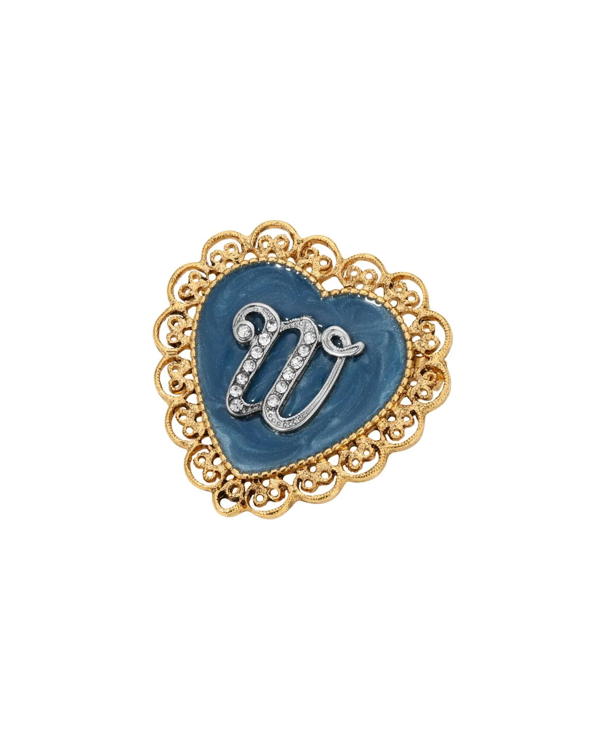 Crystal Gold-Tone Initial Filigree Heart Blue Enamel Pin - W by 2028