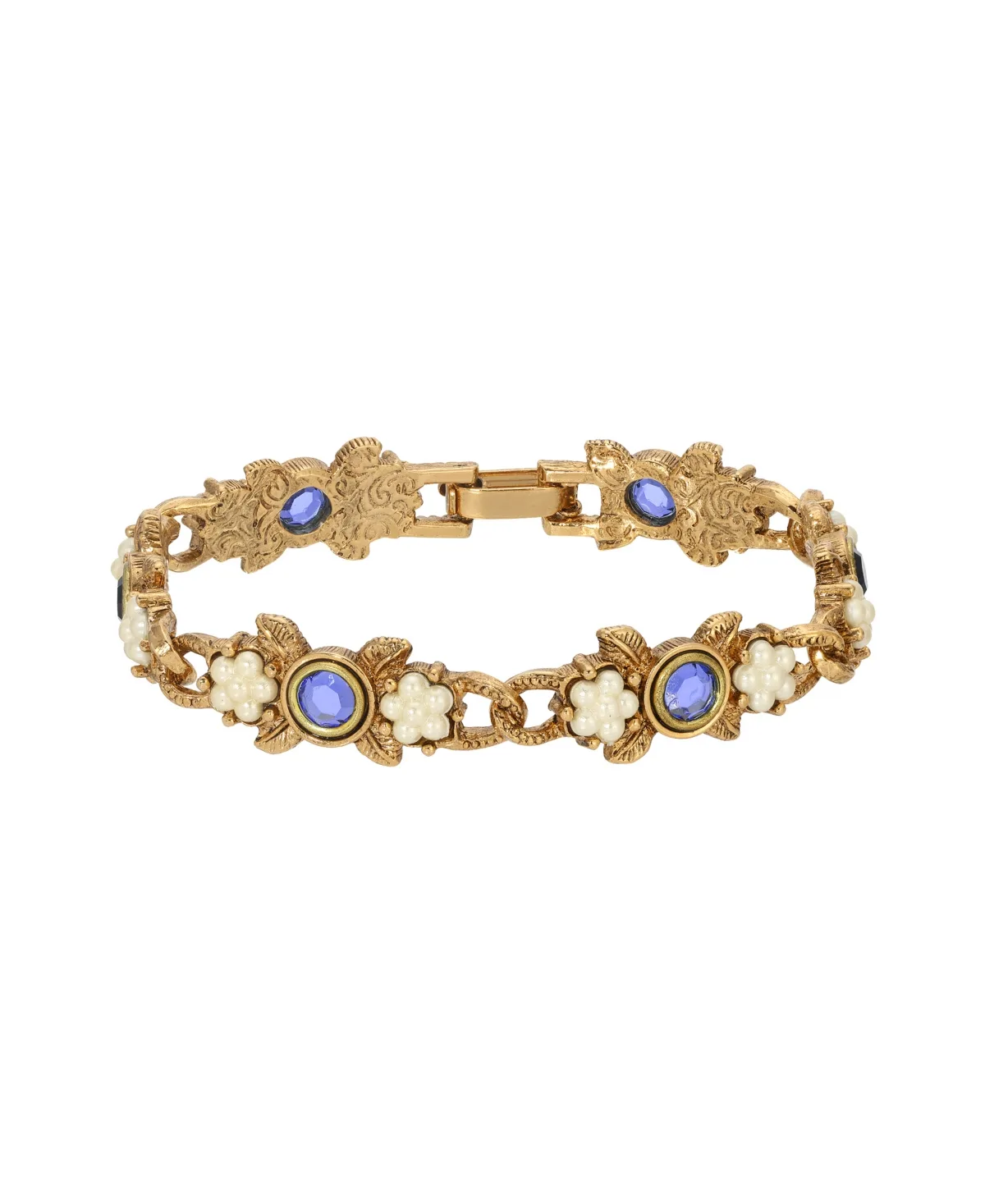 Gold-Tone Imitation Pearl Flower Blue Stone Bracelet by 2028