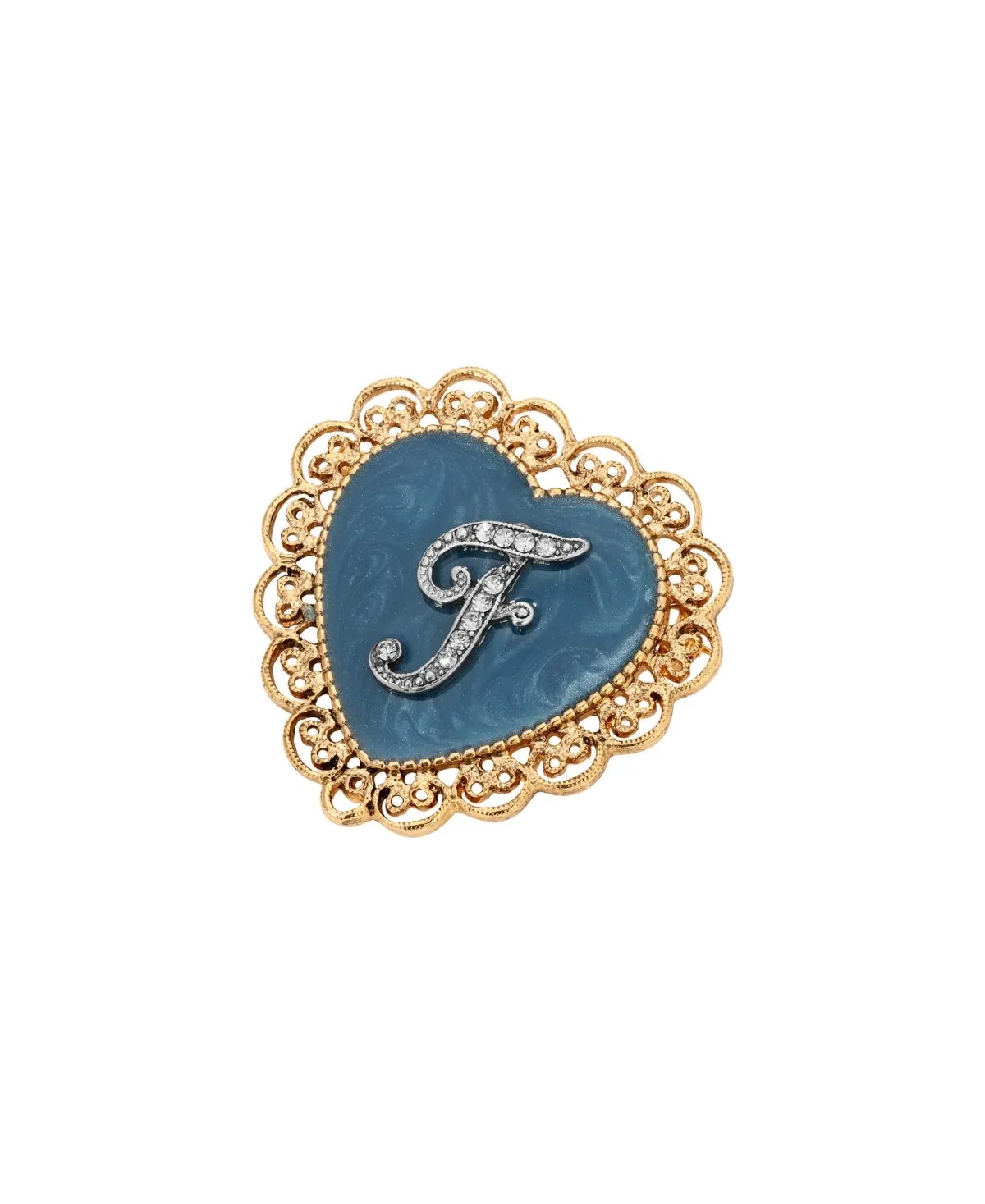 Crystal Gold-Tone Initial Filigree Heart Blue Enamel Pin by 2028