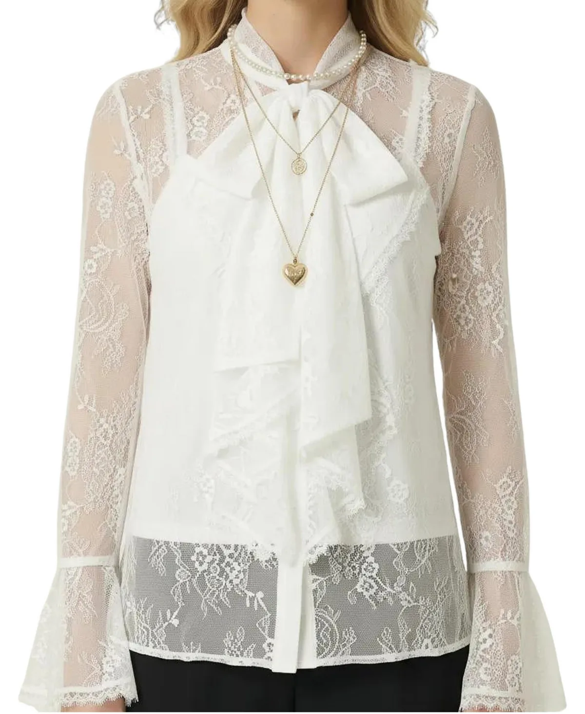 Sheer Lace Ruffle-Front Floral Blouse