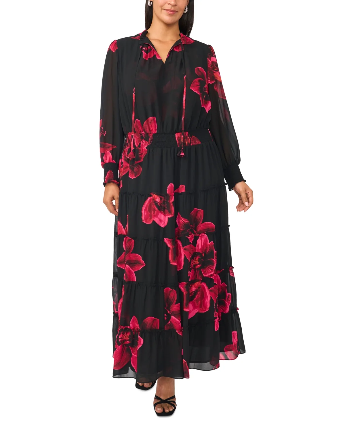 Floral Long-Sleeve Smocked-Waist Maxi Dress