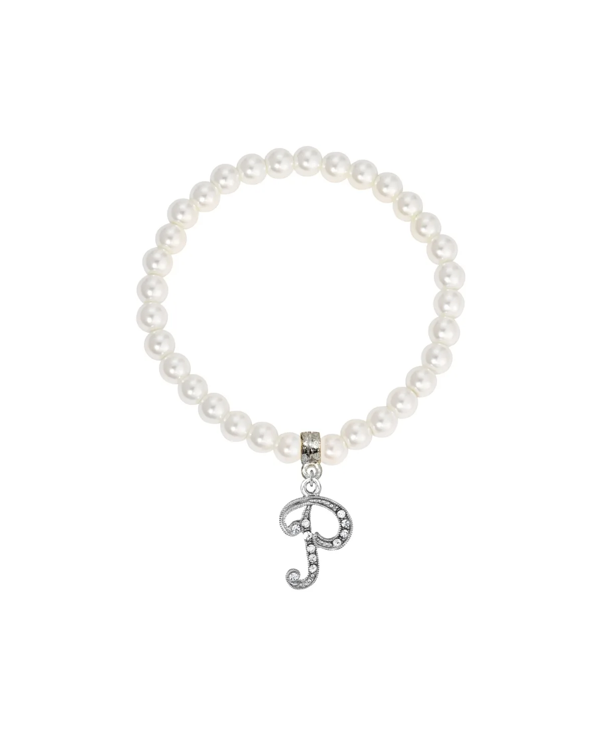 Imitation Pearl Bead Initial Charm Stretch Bracelet - P