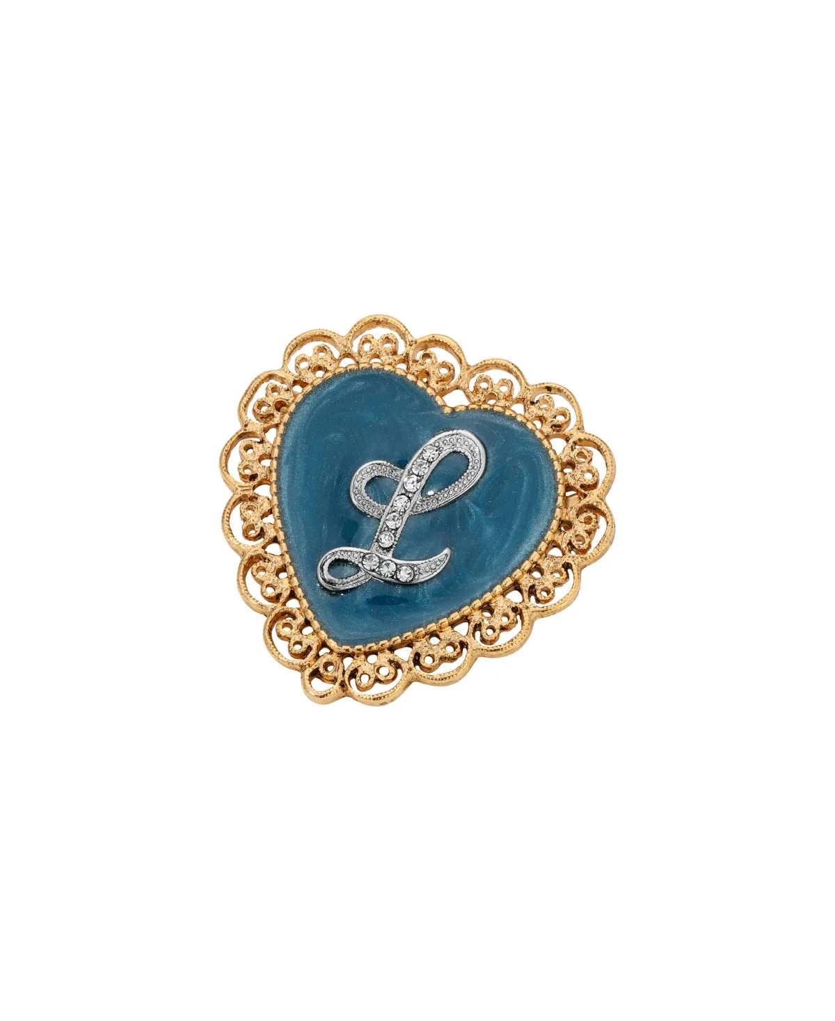 Crystal Gold-Tone Initial Filigree Heart Blue Enamel Pin - L by 2028