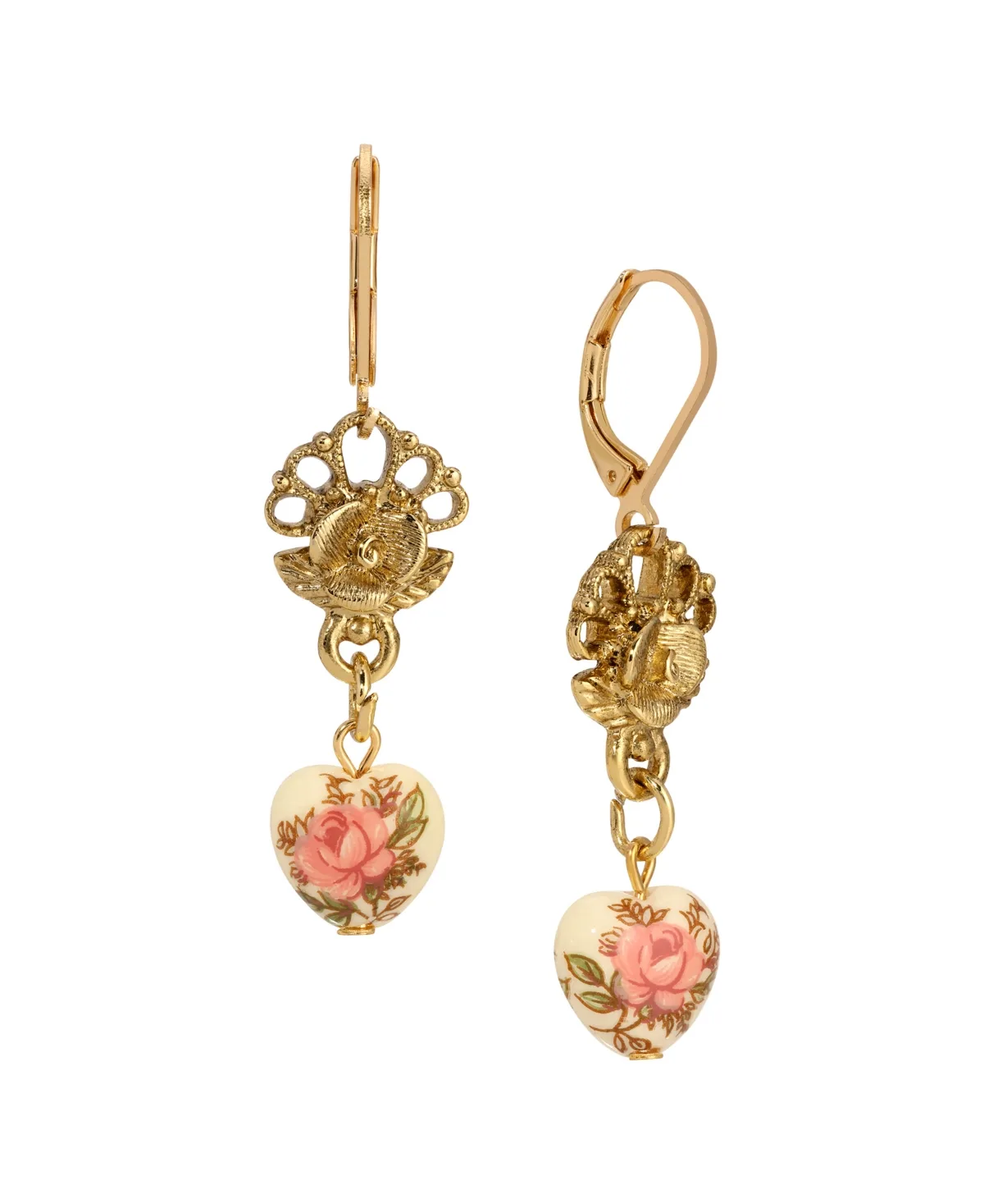 Gold-Tone Floral Heart Drop Earrings