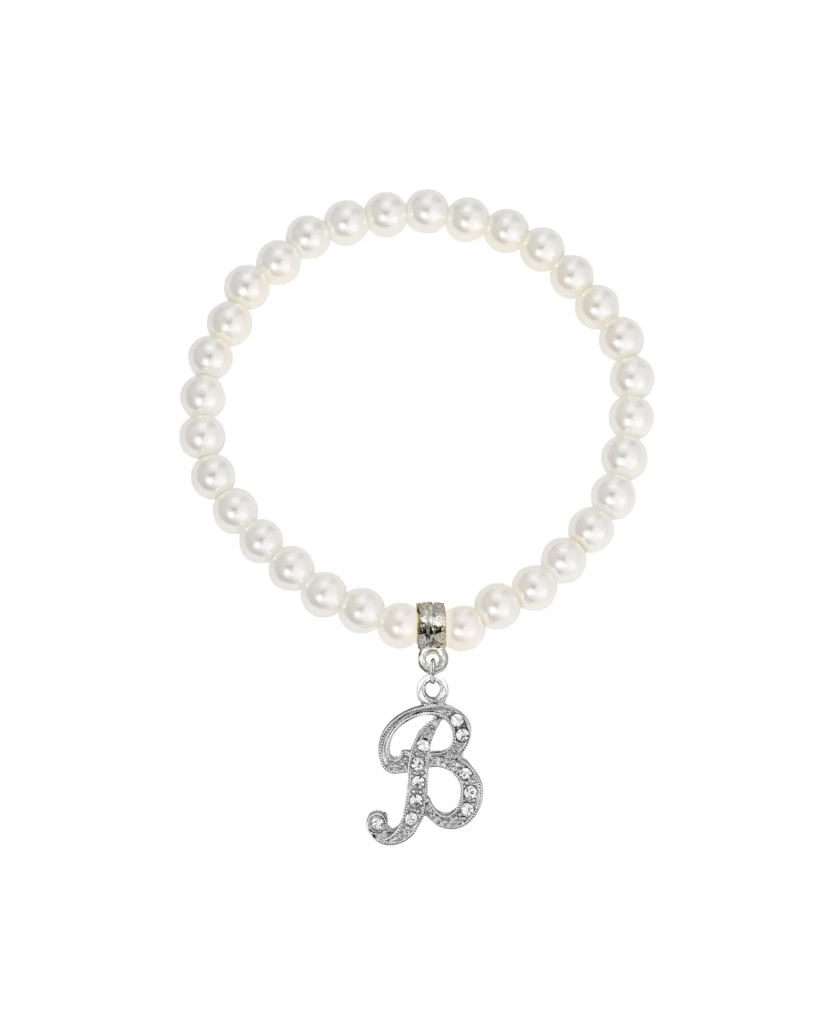 Imitation Pearl Bead Initial Charm Stretch Bracelet - B