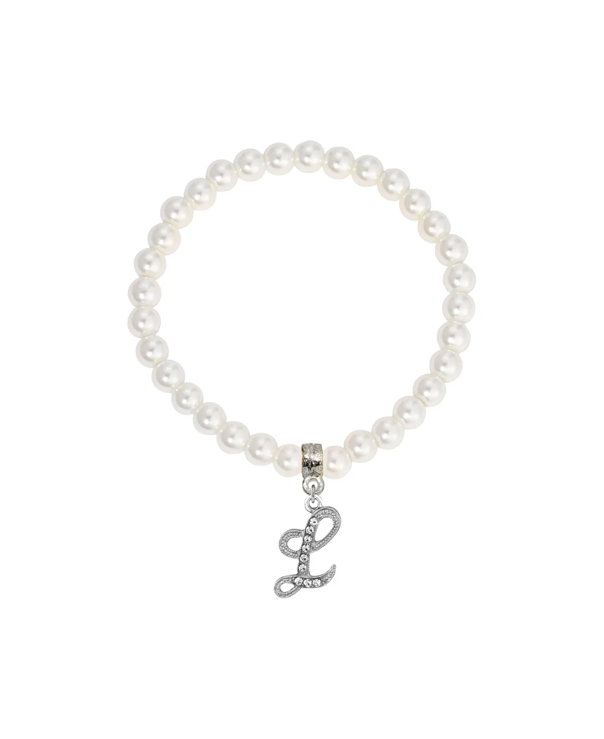 Imitation Pearl Bead Initial Charm Stretch Bracelet - L