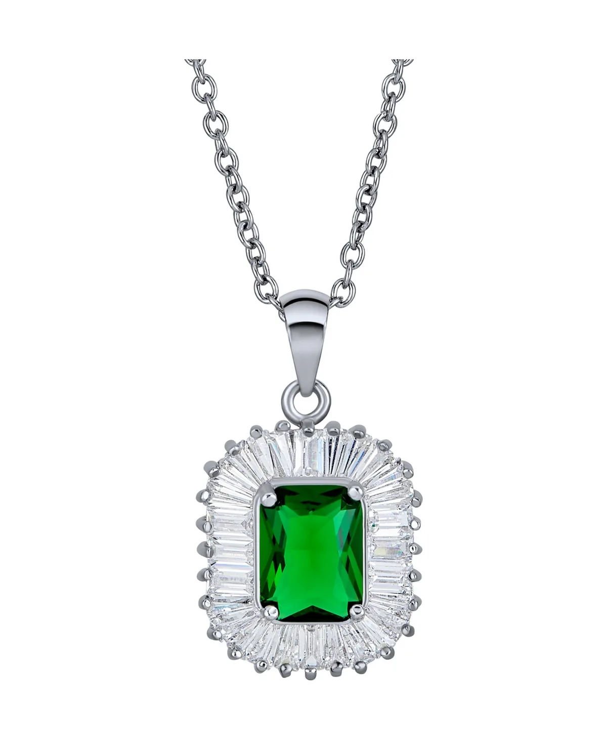 Halo Aaa Cz Simulated Emerald Cut Pendant Necklace Silver Plated