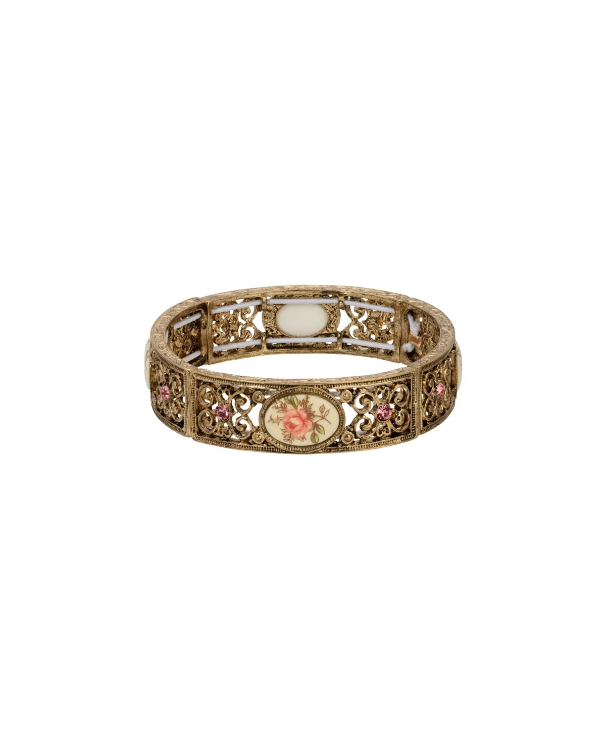 Gold-Tone Rose Decal Ivory Stretch Bracelet by 2028