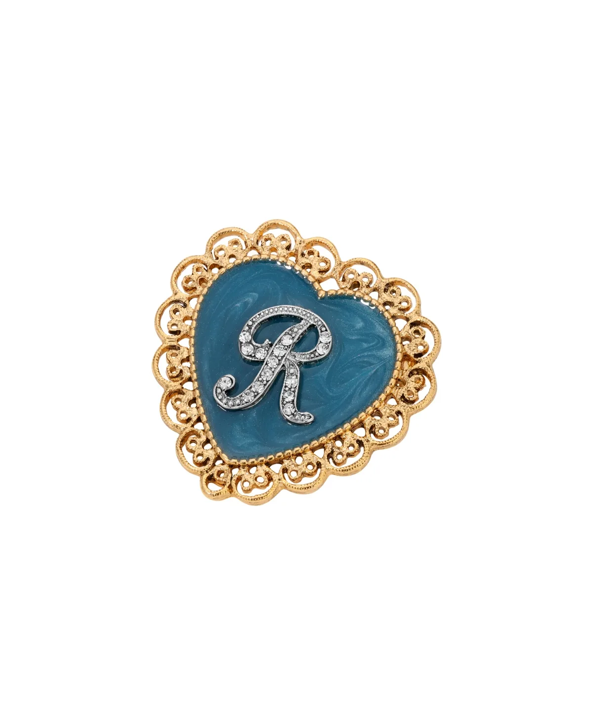 Crystal Gold-Tone Initial Filigree Heart Blue Enamel Pin - R by 2028
