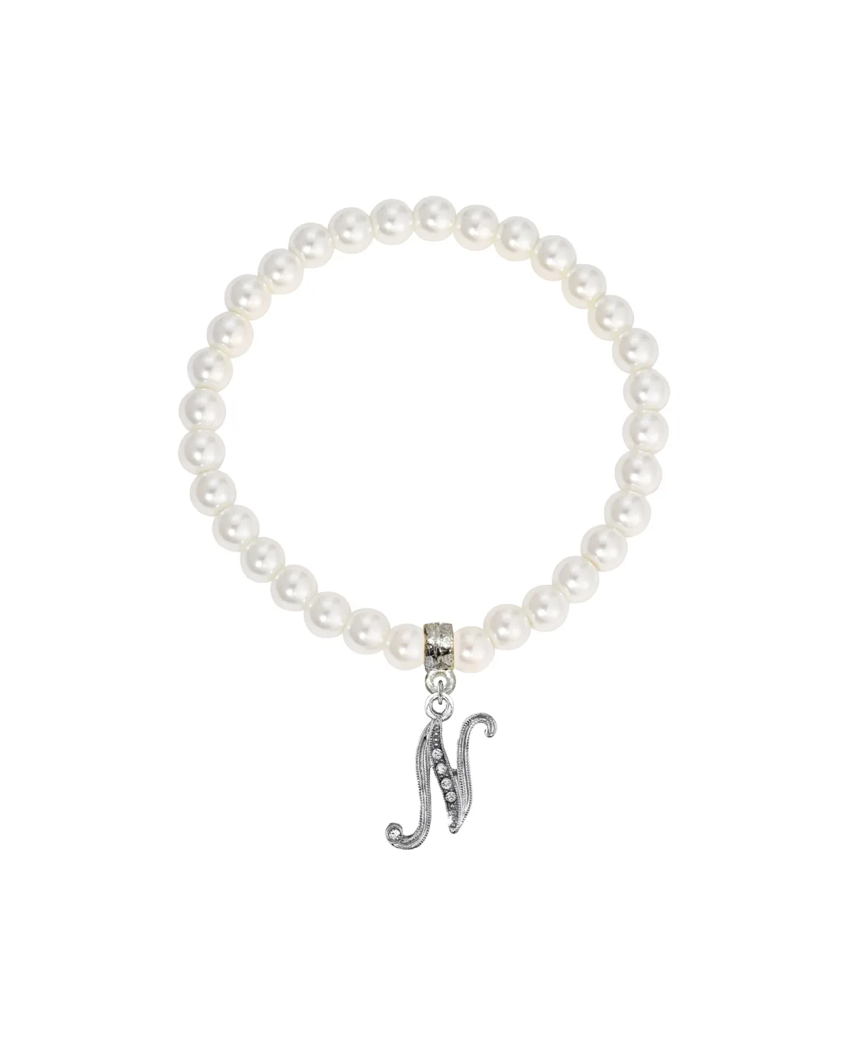 Imitation Pearl Bead Initial Charm Stretch Bracelet - N