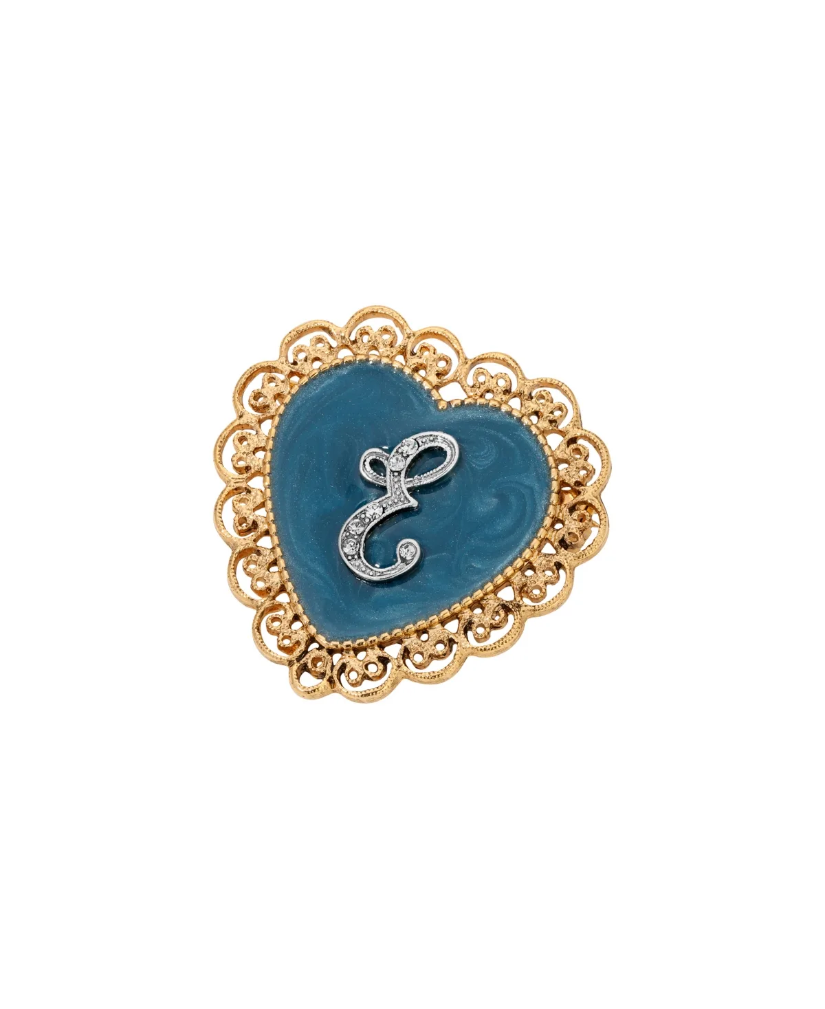 Crystal Gold-Tone Initial Filigree Heart Blue Enamel Pin - E by 2028