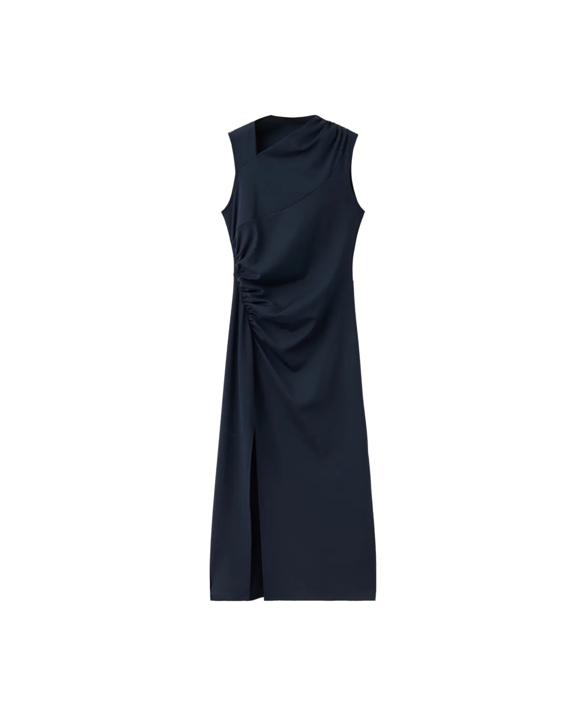 Asymmetric-Neck Ruched Dress
