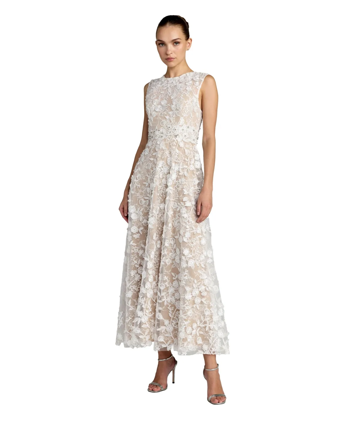 Mac Duggal Embroidered Floral High-Neck A-Line Midi Dress