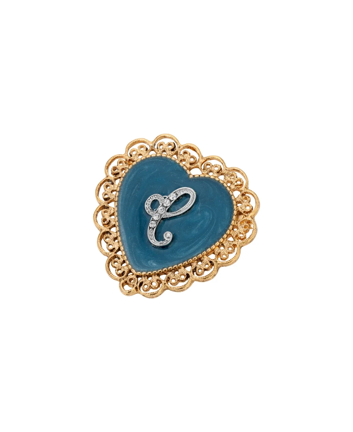 Crystal Gold-Tone Initial Filigree Heart Blue Enamel Pin - C by 2028