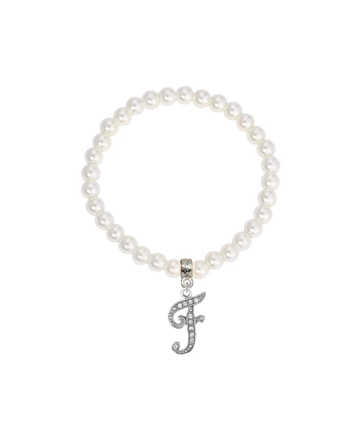 Imitation Pearl Bead Initial Charm Stretch Bracelet - F