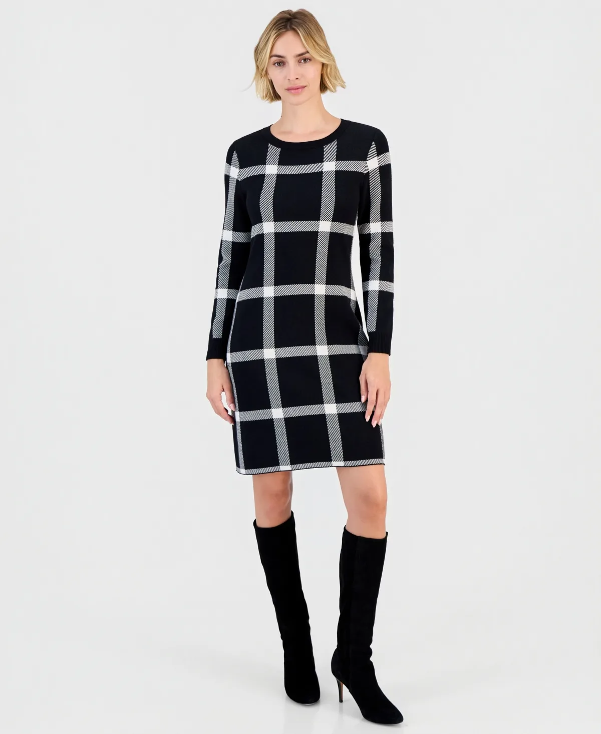 Plaid Crew Neck Long-Sleeve Sweater Dress