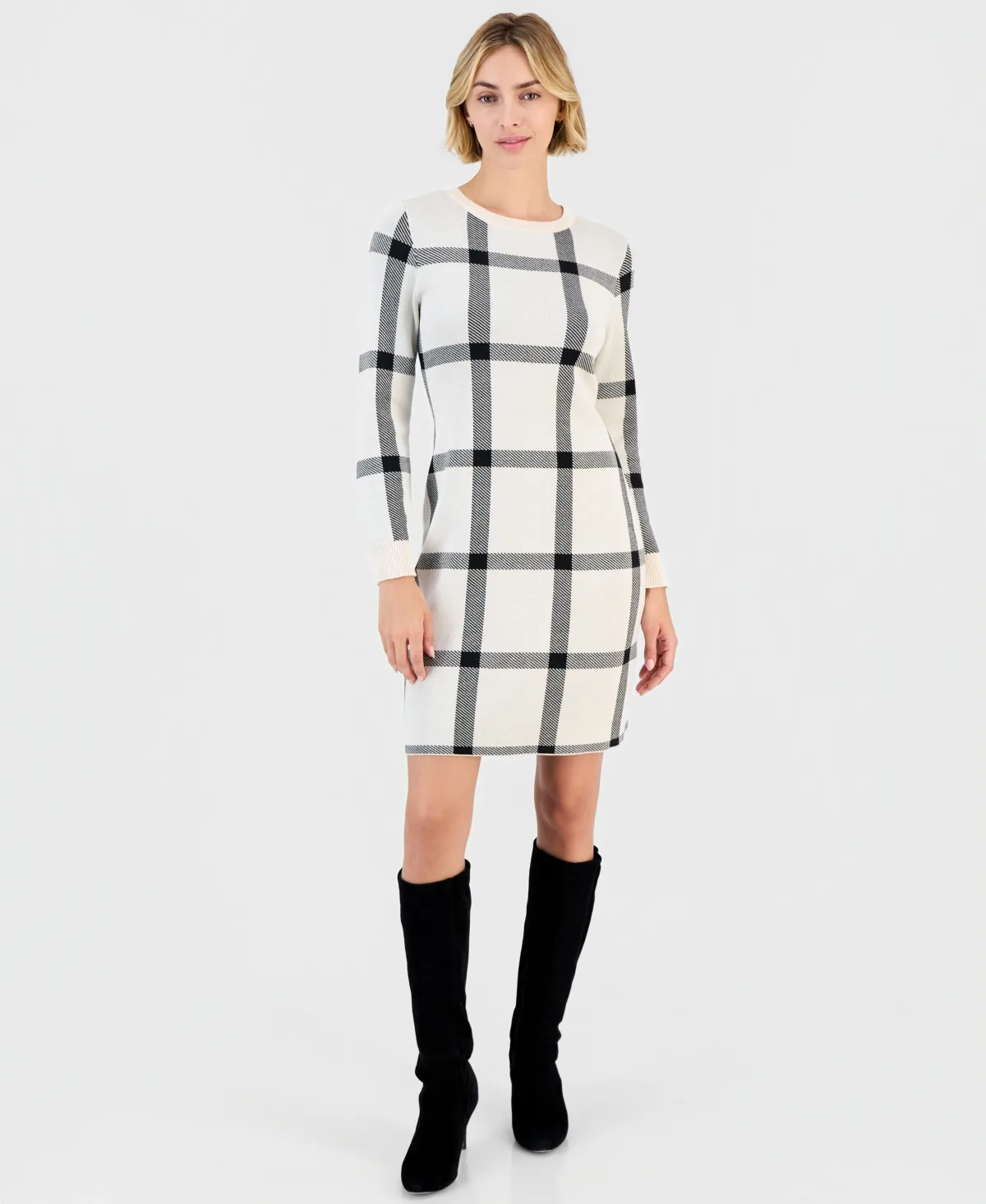 Plaid Crew Neck Long-Sleeve Sweater Dress