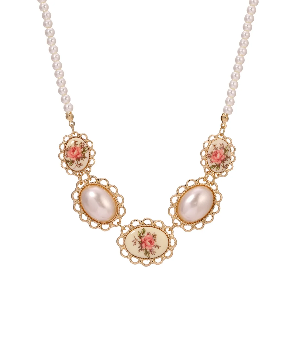 Gold-Tone Imitation Pearl Rose Decal Oval Necklace by 2028