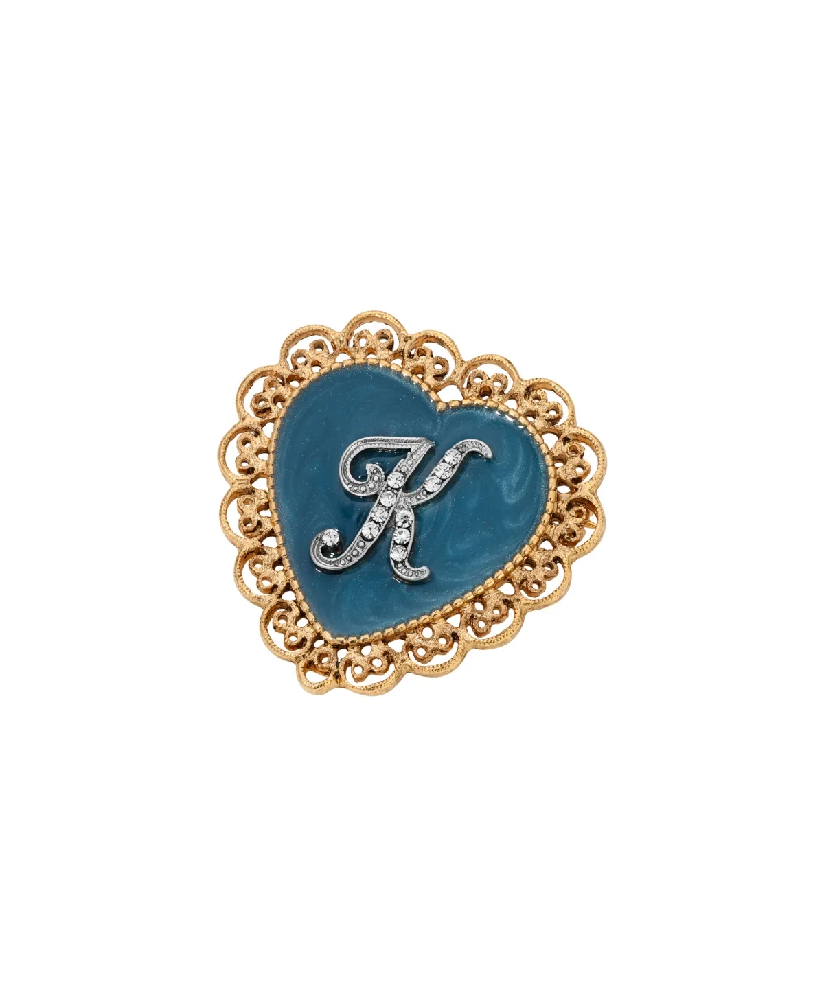 Crystal Gold-Tone Initial Filigree Heart Blue Enamel Pin - K by 2028